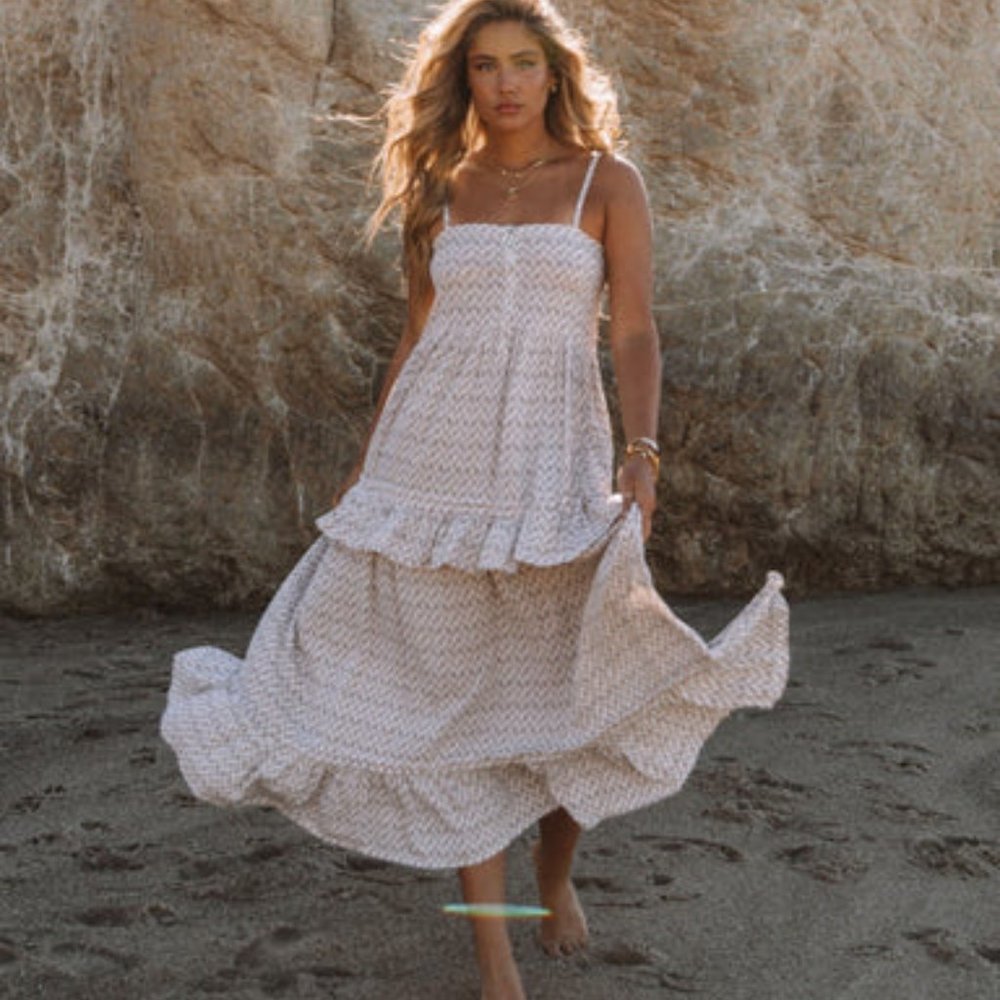 VICI Hanna Printed Ruffle Tiered Maxi Dress Beige